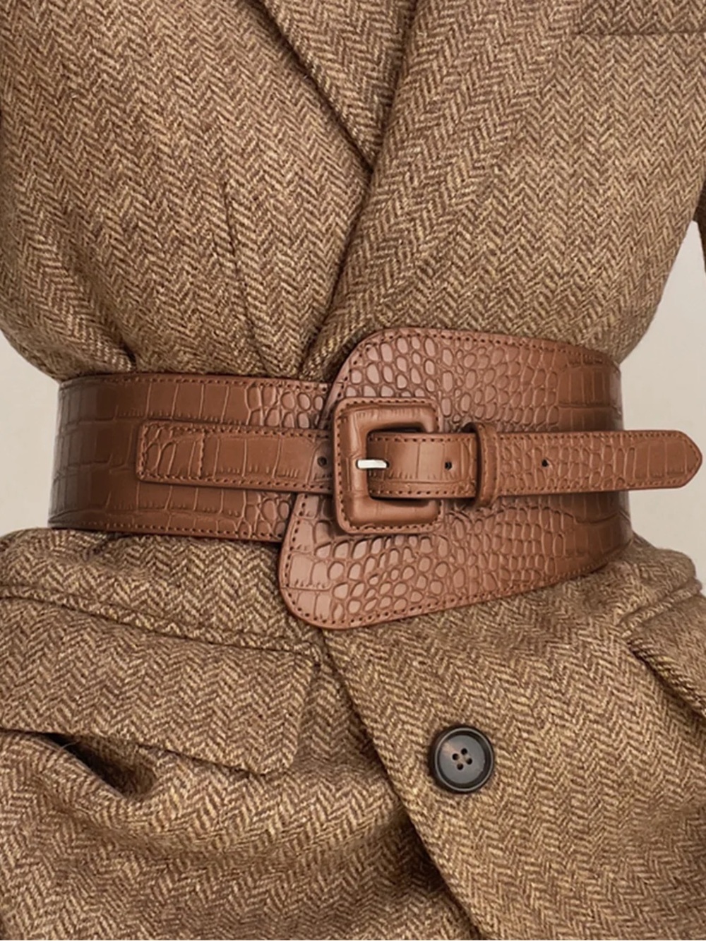 🤎COMMENSE Brown Croc-Embossed Wide Waist Belt